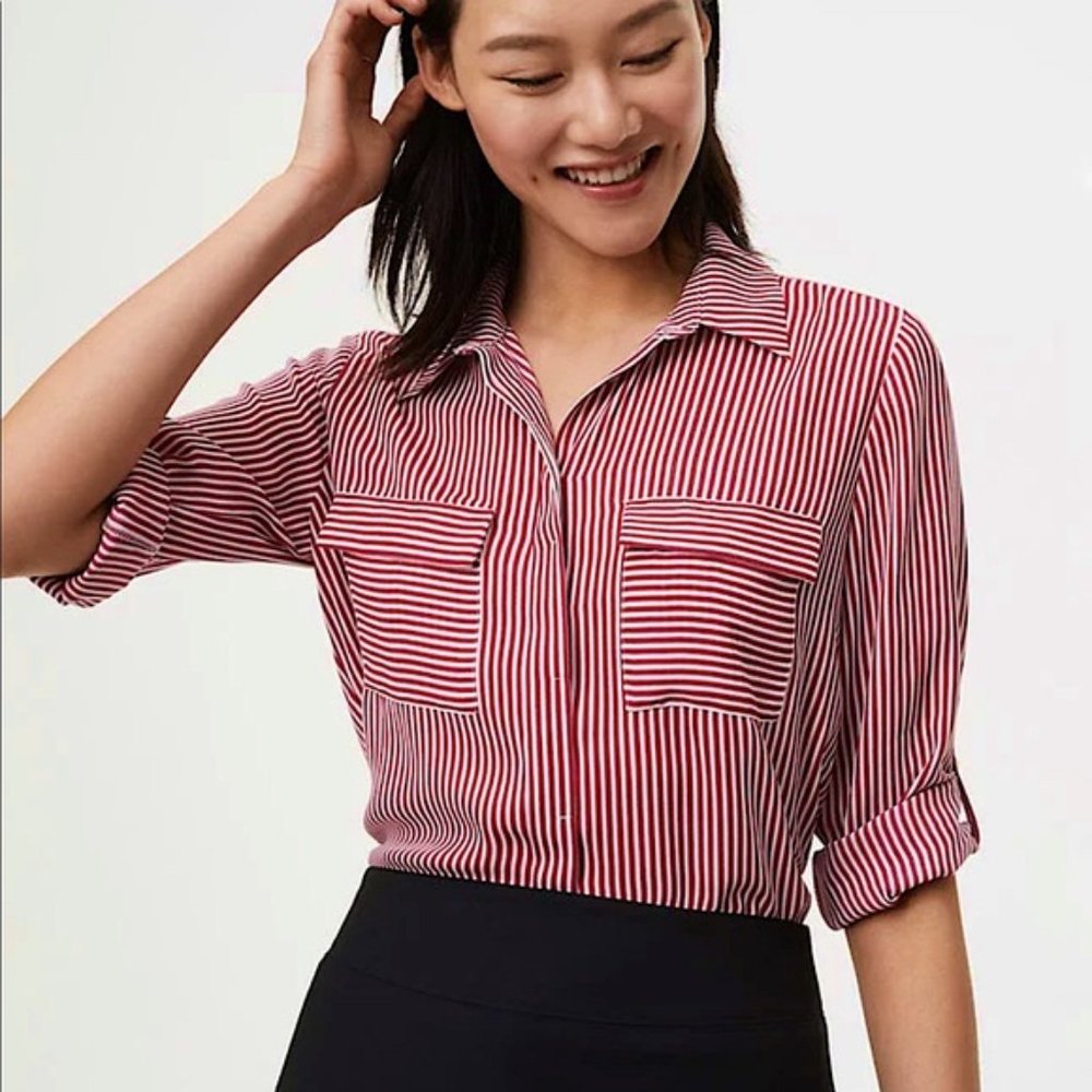 NWOT LOFT Striped Utility Blouse Red White